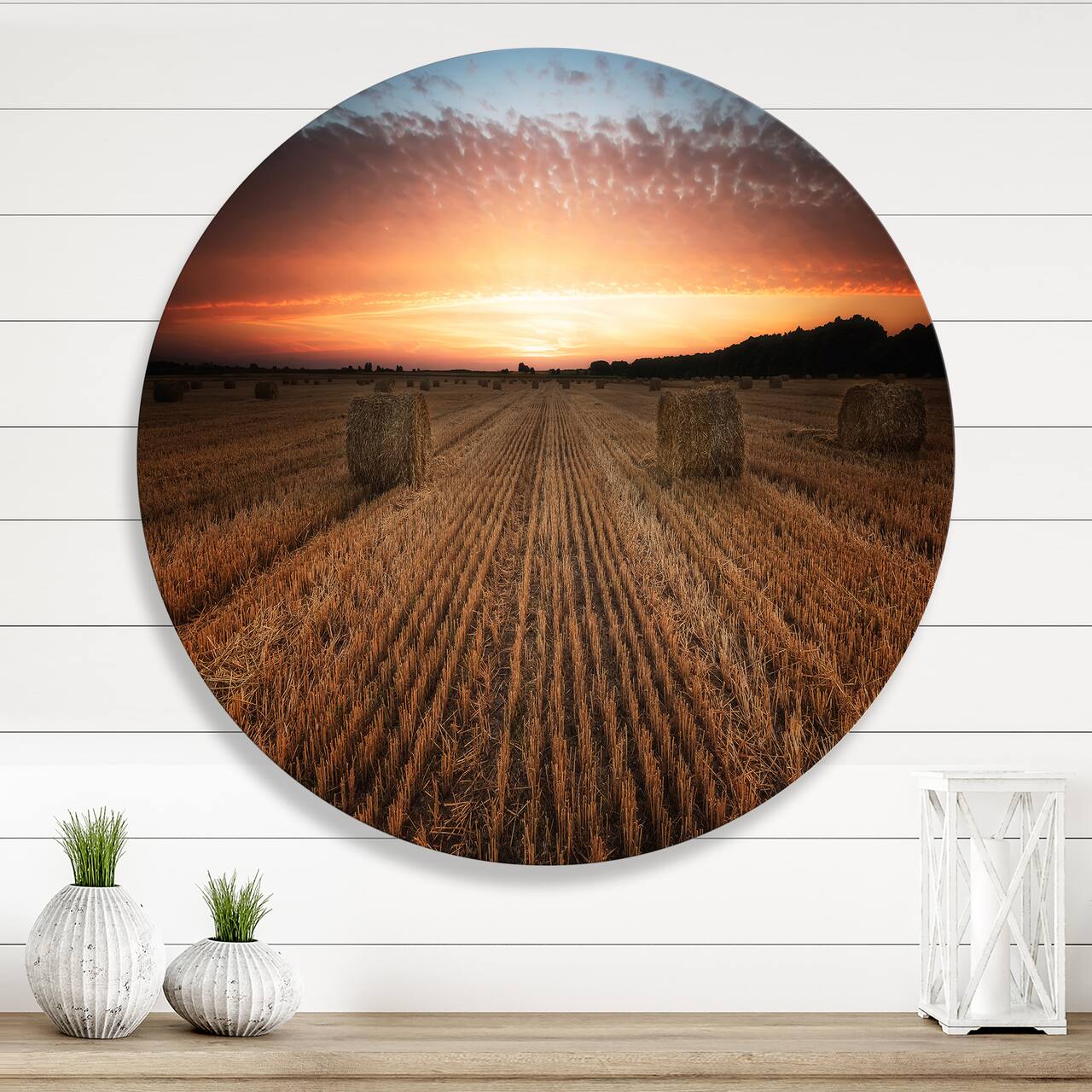 Designart - Landscape With A Field Full of Hay Bales At Sunset - Farmhouse Metal Circle Wall Art